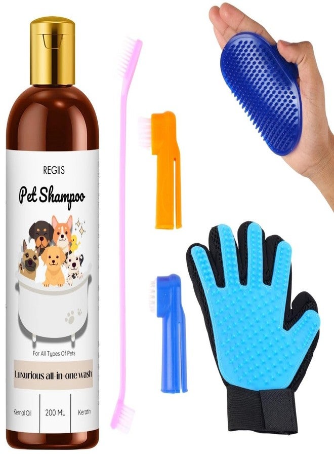 مجموعة ريجيس للعناية بالحيوانات الأليفة، فرشاة سيليكون متعددة الألوان مع شامبو، شعيرات ناعمة للكلاب، تصميم منحني، 200 مل غسول متكامل - Image 1